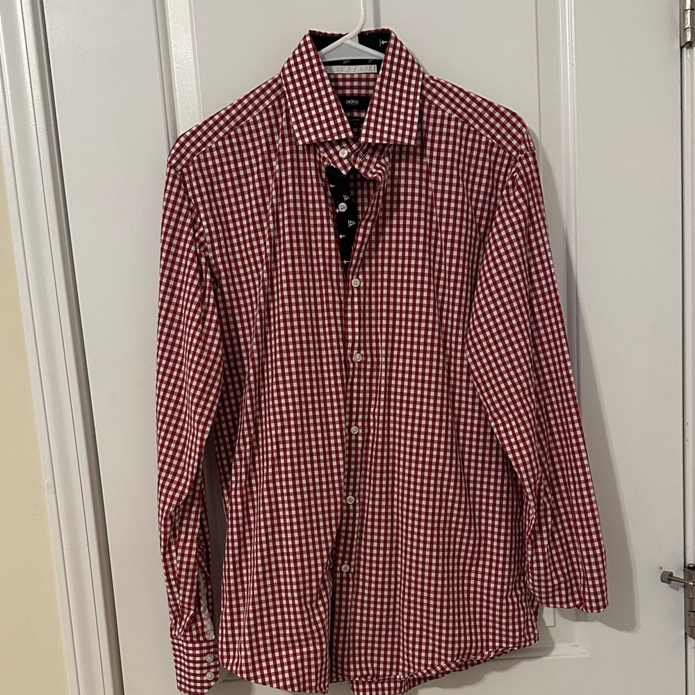Hugo Boss Red and White Checkered Men's Shirt